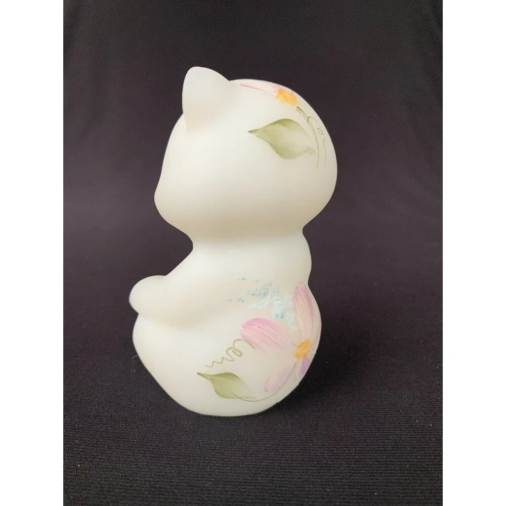 Vintage Fenton Glass Bear White Satin 2 Rhinestones 3.50” Figurine Hand Painted
